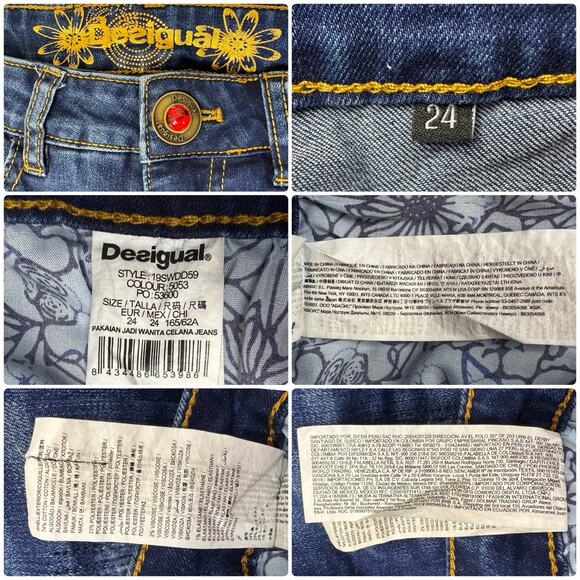 DESIGUAL Exotic Sequin Embroidered Metallic Floral Zip Ankle Skinny Jeans Sz 24 - Picture 11 of 11